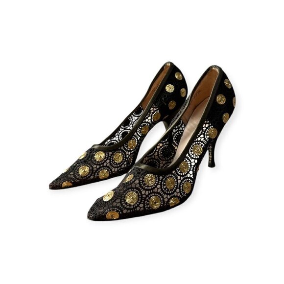 Rare Vintage David Evins Black Lace Heels – Hand-Painted Soles, Size 6B - Picture 2 of 13